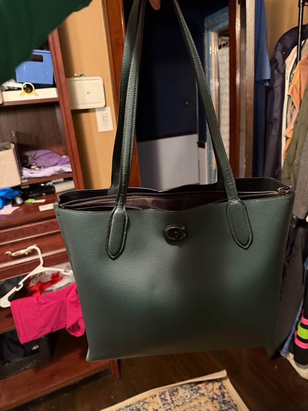 Coach Forest Green Pebbled Leather Tote with Turn-Lock